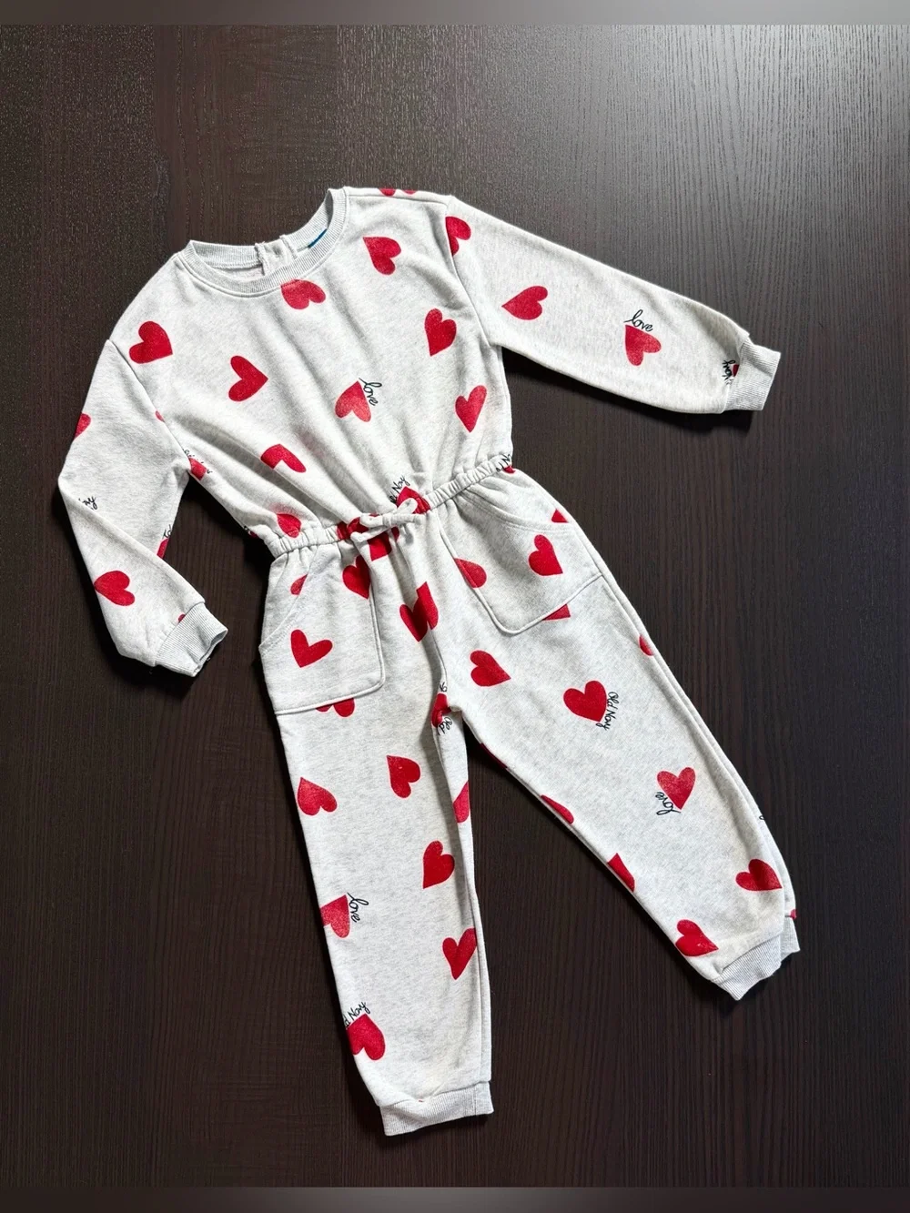 Grey Heart Print Jumpsuit with Red Hearts